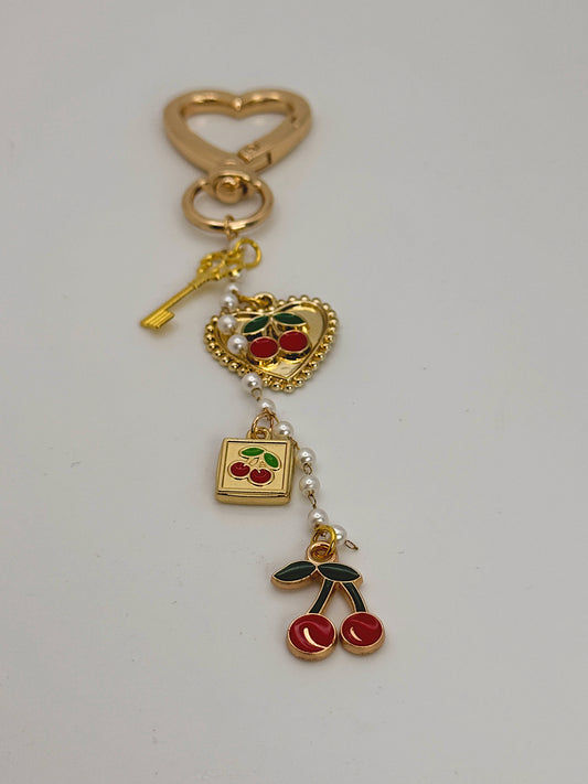 Cherry Heart Bag Charm with Gold Heart Clip & Pearl Chain