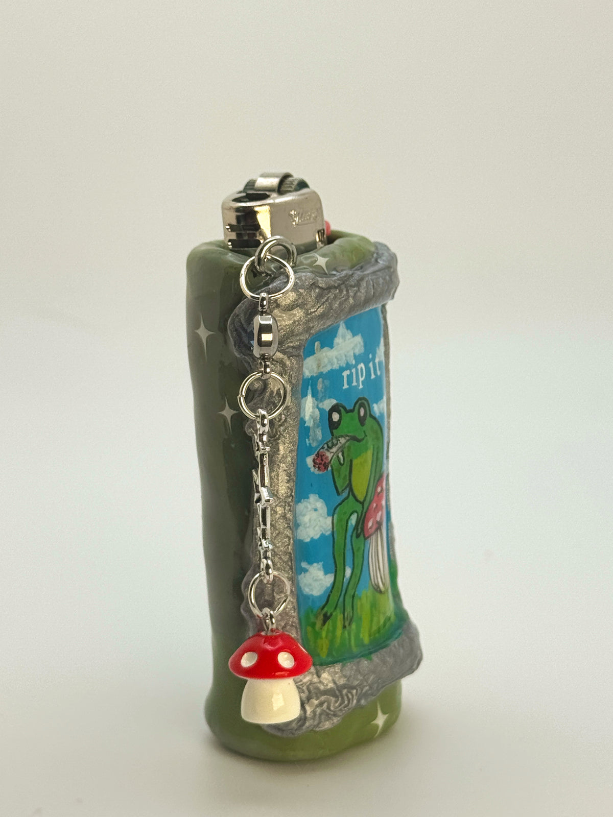 Vintage Frame Rip It Frog Case with charm| Fits Standard Bic | Handmade Polymer Clay Art