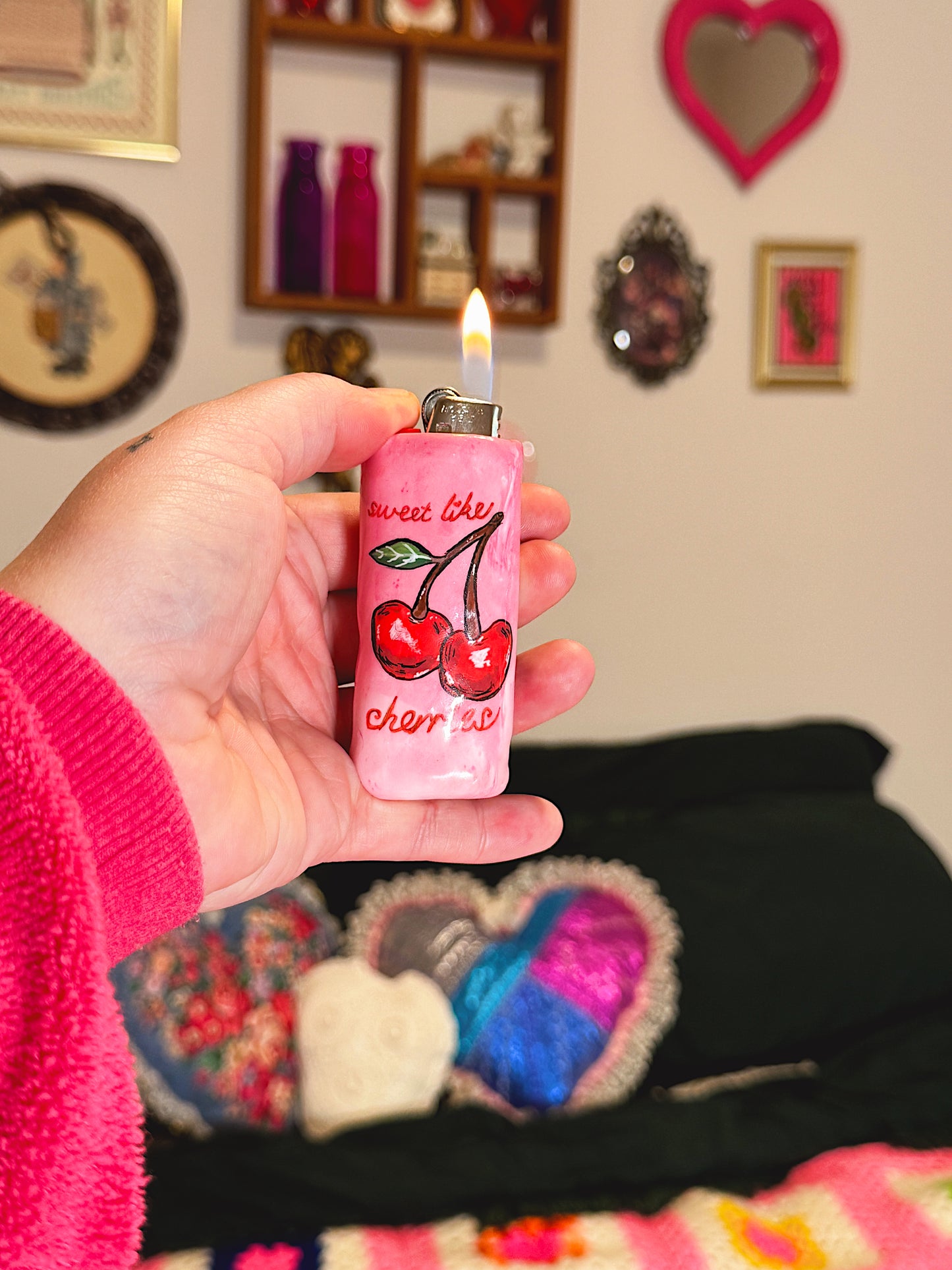 Sweet Like Cherries Lighter Case – Handmade Pink Cherry Polymer Clay Cover