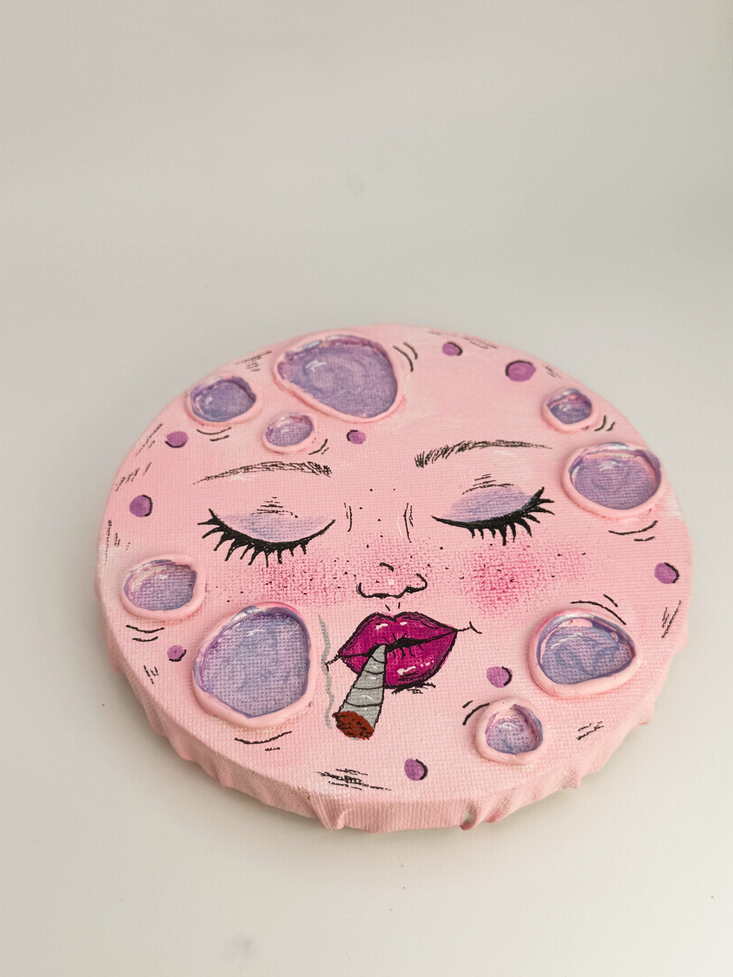 Smoking Moon – Hand-Painted Moon Face Wall Art (5” Textured Canvas)