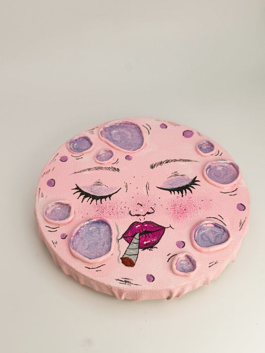 Smoking Moon – Hand-Painted Moon Face Wall Art (5” Textured Canvas)