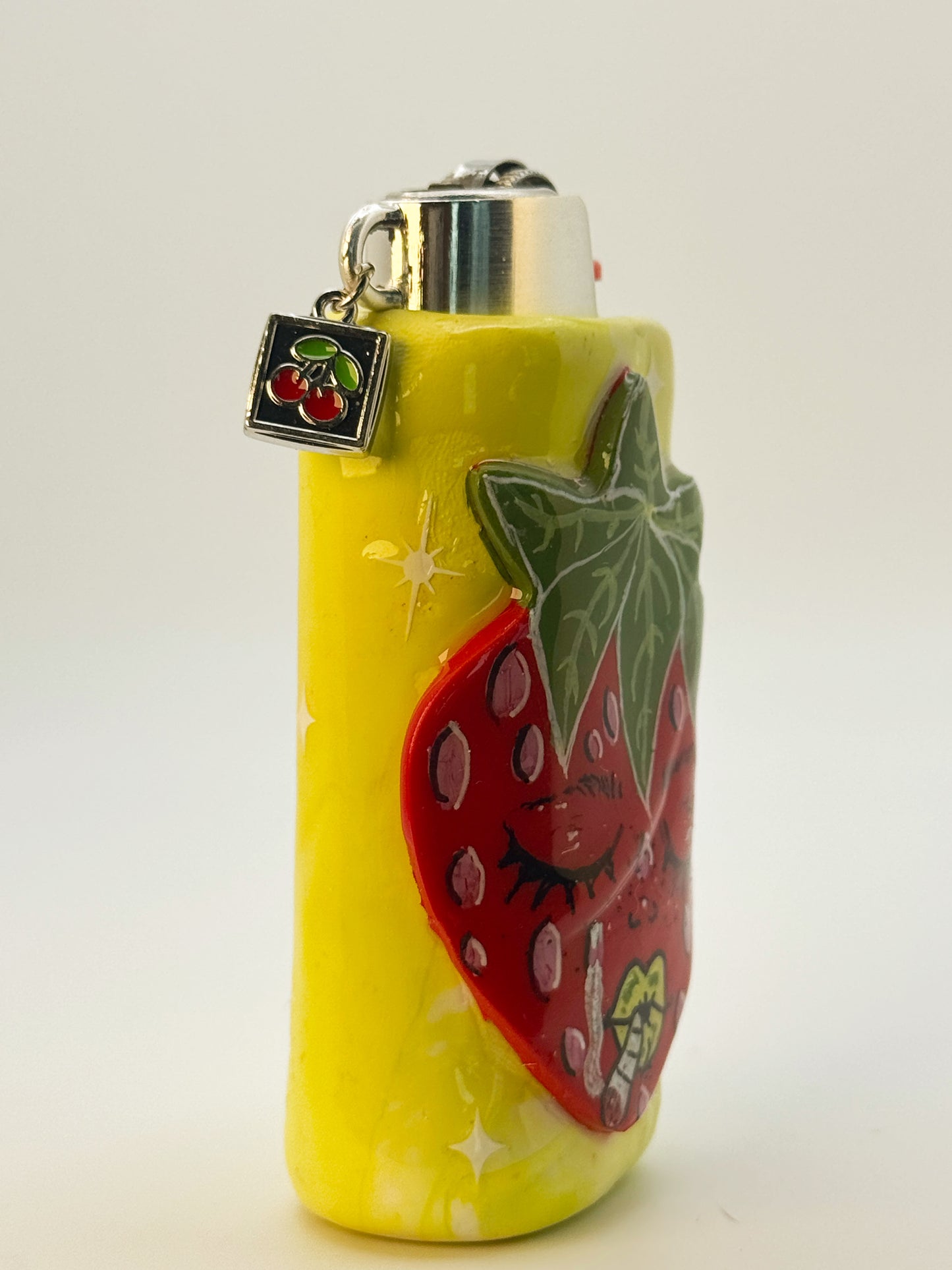 Smoking Strawberry Lighter Case w/ charm | Fits Standard Bic | Handmade Polymer Clay Art