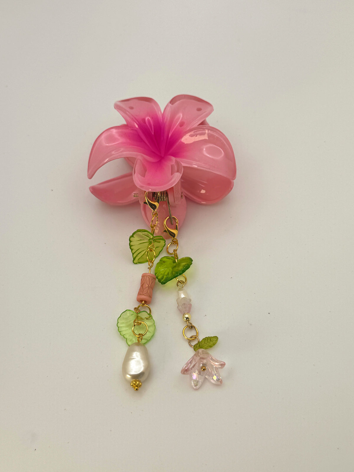 Pink Flower Small Claw Clip with Handmade Beaded Charms | Removable Charm Clip | 2.1”