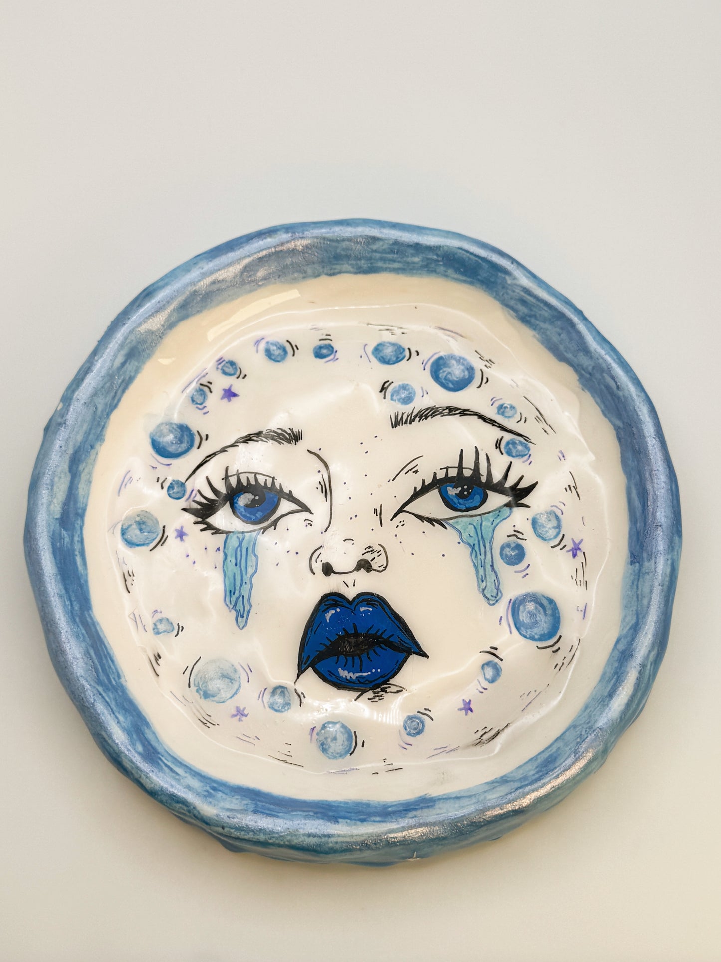 Crying Moon Trinket Dish – Hand-Painted Celestial Face