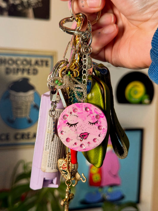 Smoking Moon Keychain – Hand-Painted Polymer Clay Celestial Bag Charm