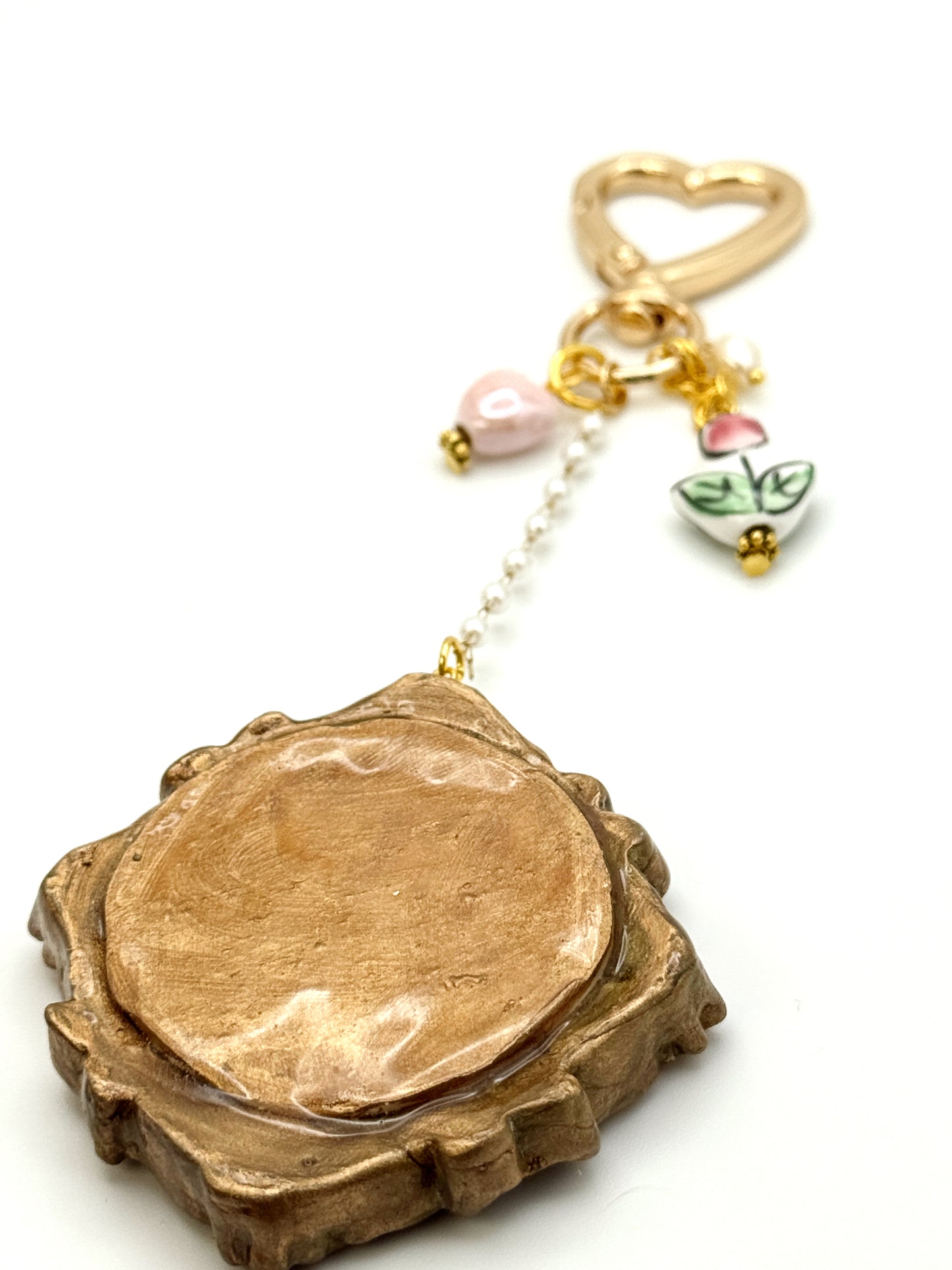 Vintage Heart Swan Bag Charm – Ornate Oval Frame Keychain with Handmade Details