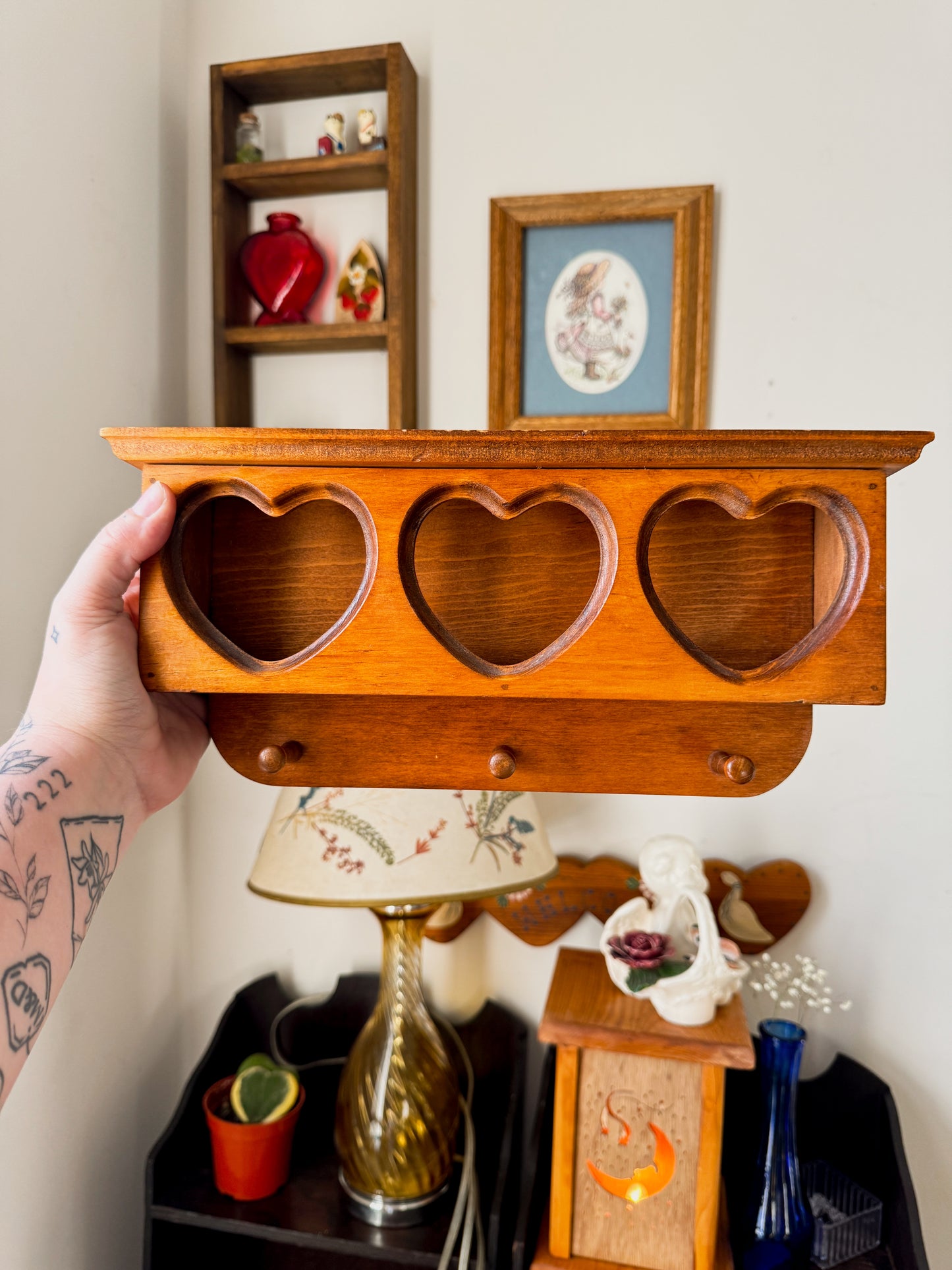 Vintage Wooden Heart Wall Shelf | Mug Rack / Display Shelf