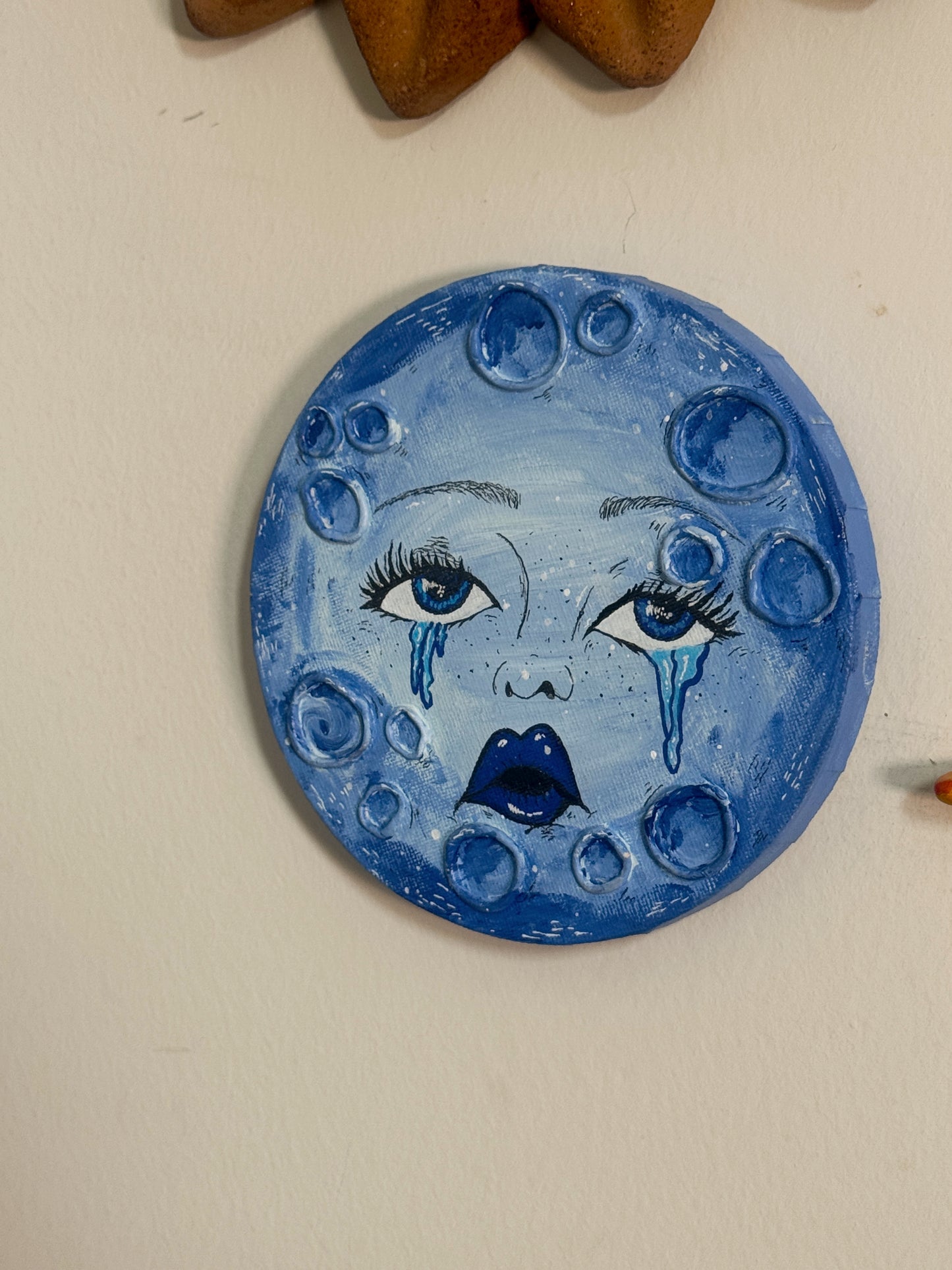 Sad Girl Moon – Hand-Painted Moon Face Wall Art (6” Textured Canvas)