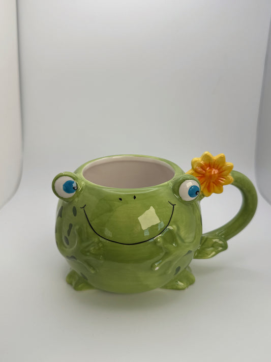 Freddy The Frog Pier One Imports Coffee Cup• Mug Planter Ceramic Frog with Sunflower