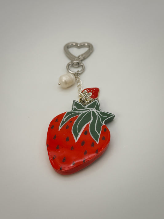 Winking Strawberry Bag Charm | Handmade Polymer Clay Key Chain