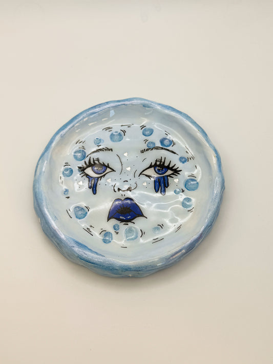 Sad Girl Moon Trinket Dish | Blue Celestial Ring Dish | Handmade
