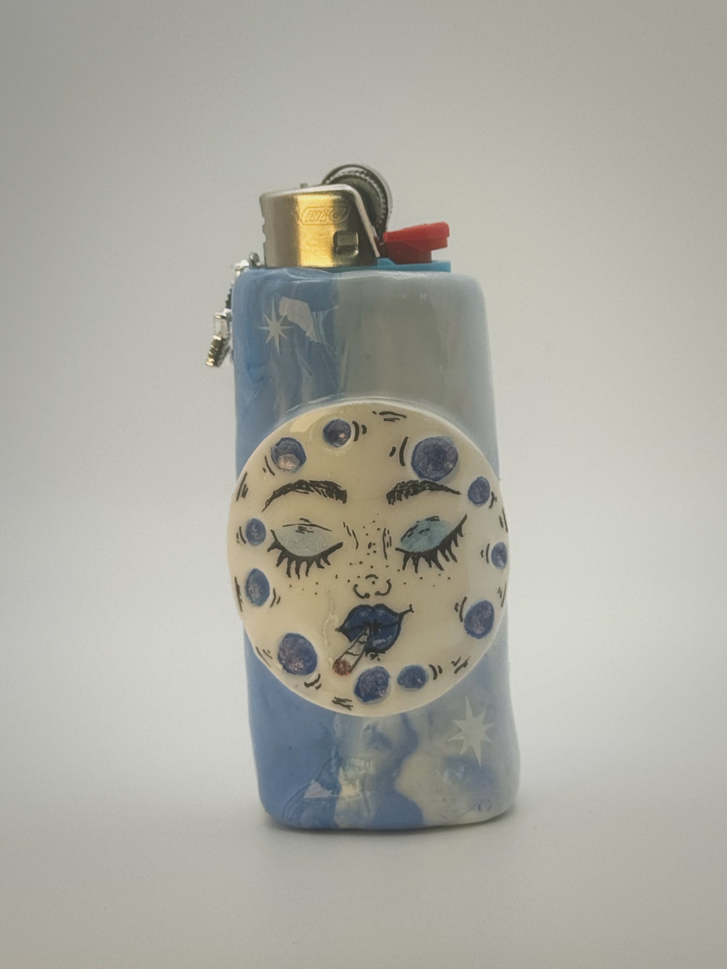 Smoking Moon Lighter Case with charm| Fits Standard Bic | Handmade Polymer Clay Art