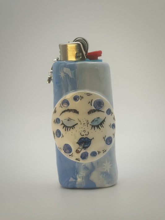 Smoking Moon Lighter Case with charm| Fits Standard Bic | Handmade Polymer Clay Art