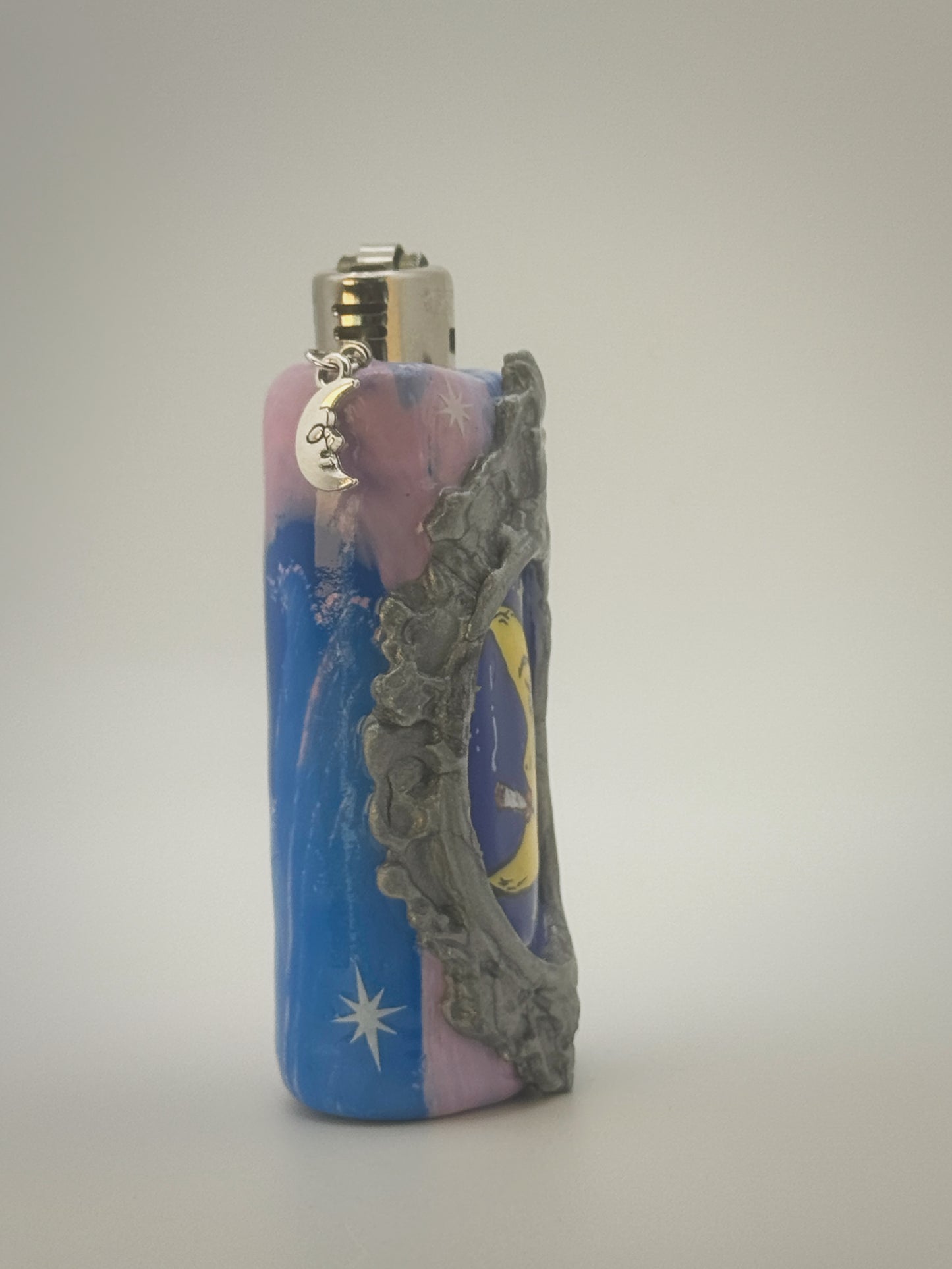Smoking Moon Lighter Case with charm| Fits Standard Bic | Handmade Polymer Clay Art