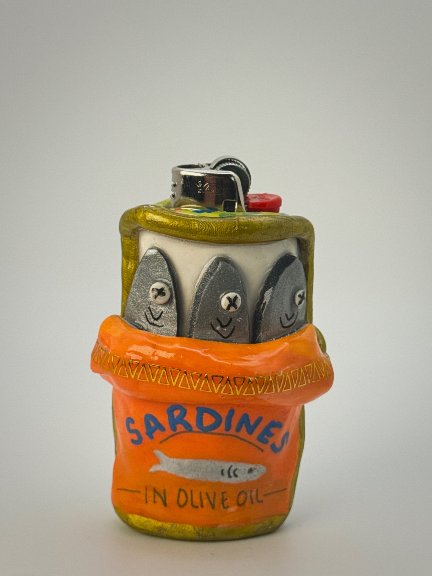 Sardine Tin Lighter Case| Fits Standard Bic | Handmade Polymer Clay Art