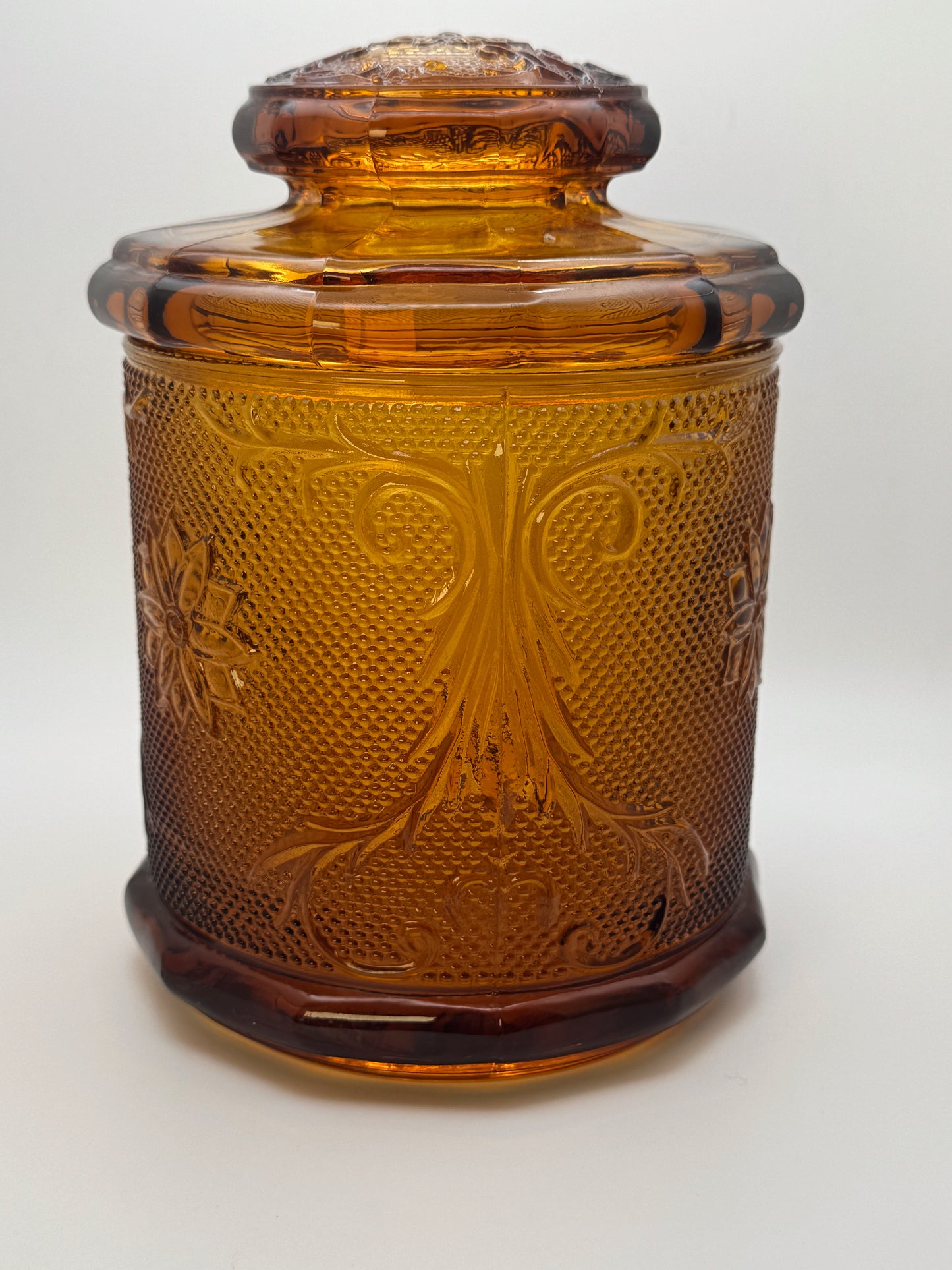 Vintage Amber Glass Lidded Canister Jar • Floral Pressed Glass • Heavy Indiana-Style Storage Jar