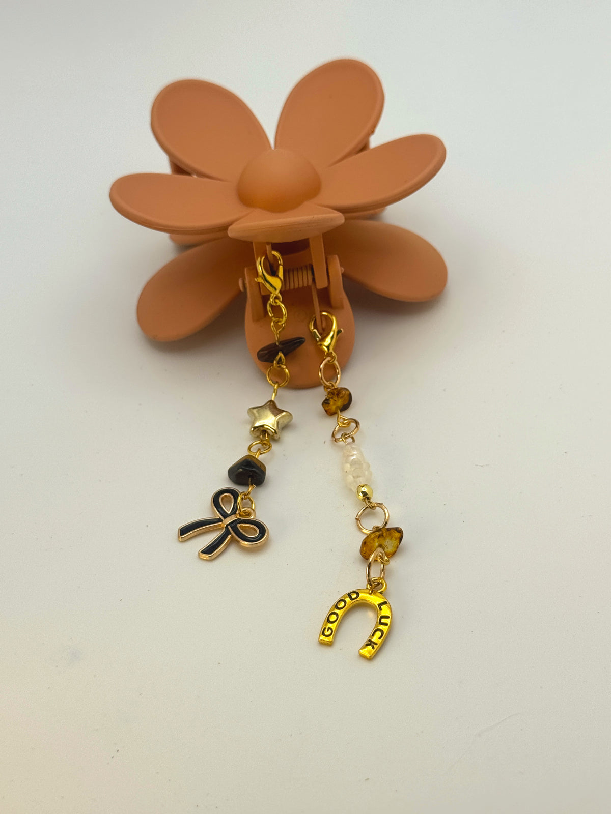 Tan Flower Medium Claw Clip with Handmade Beaded Charms | Removable Charm Clip | 3.1”