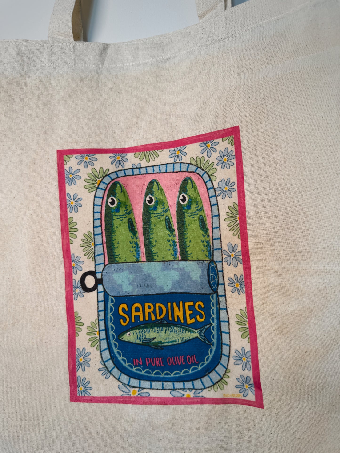 Sardines in Olive Oil Hand-Pressed Tote Bag | 15x16 Natural Cotton