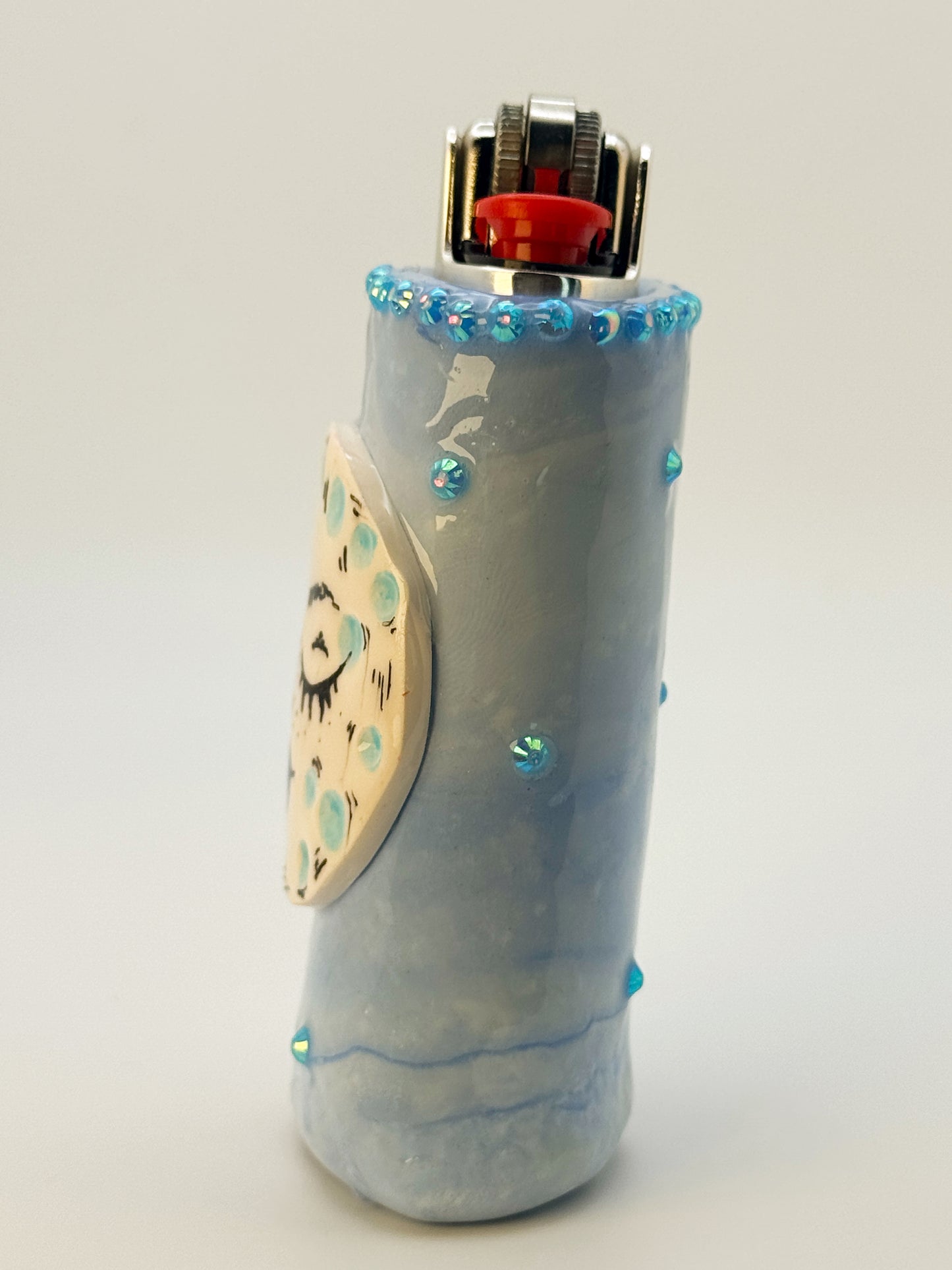 Smoking Blue Moon Lighter Case w/ charm | Fits Standard Bic | Handmade Polymer Clay Art