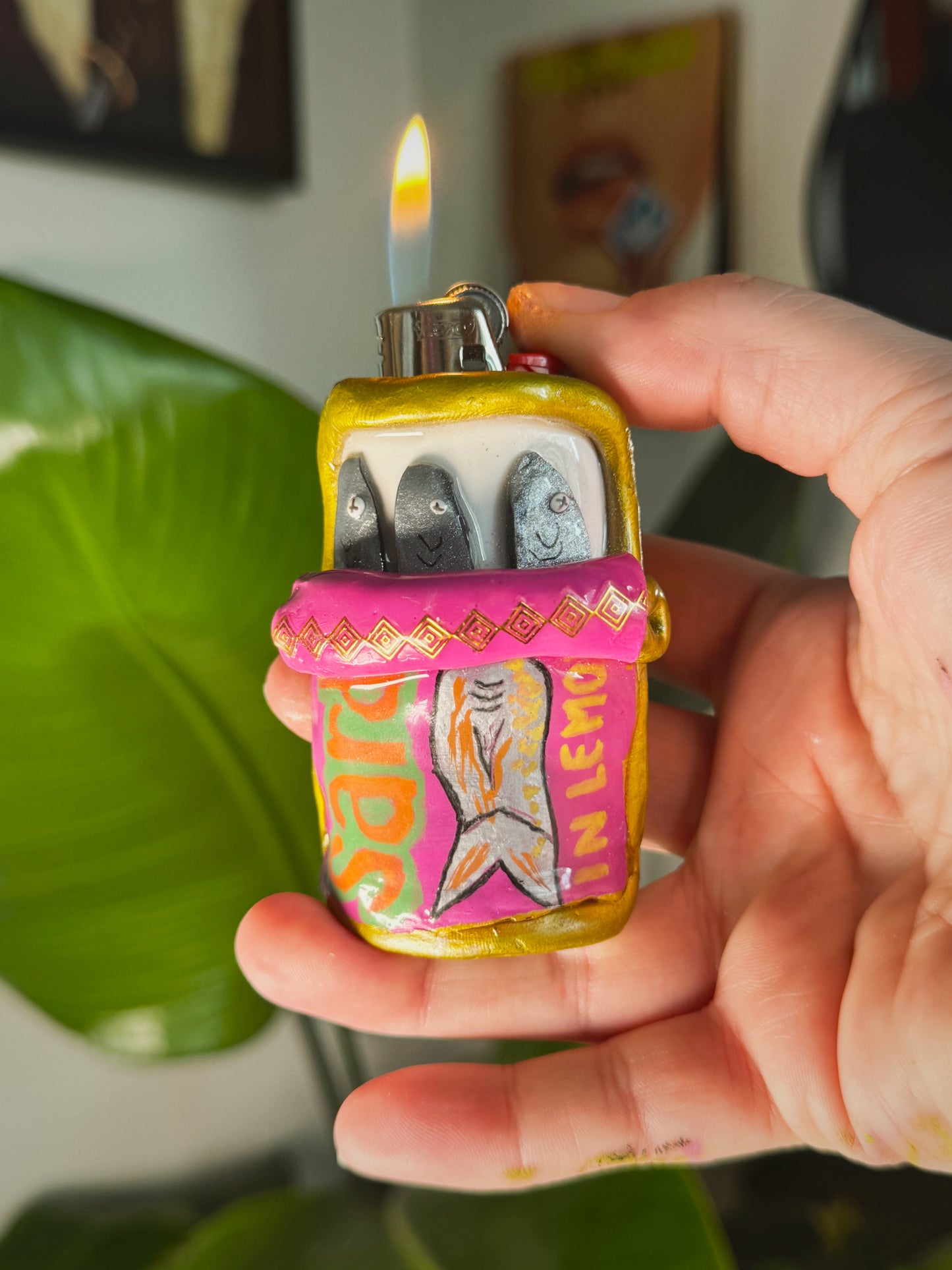 Sardine Tin Lighter Case| Fits Standard Bic | Handmade Polymer Clay Art
