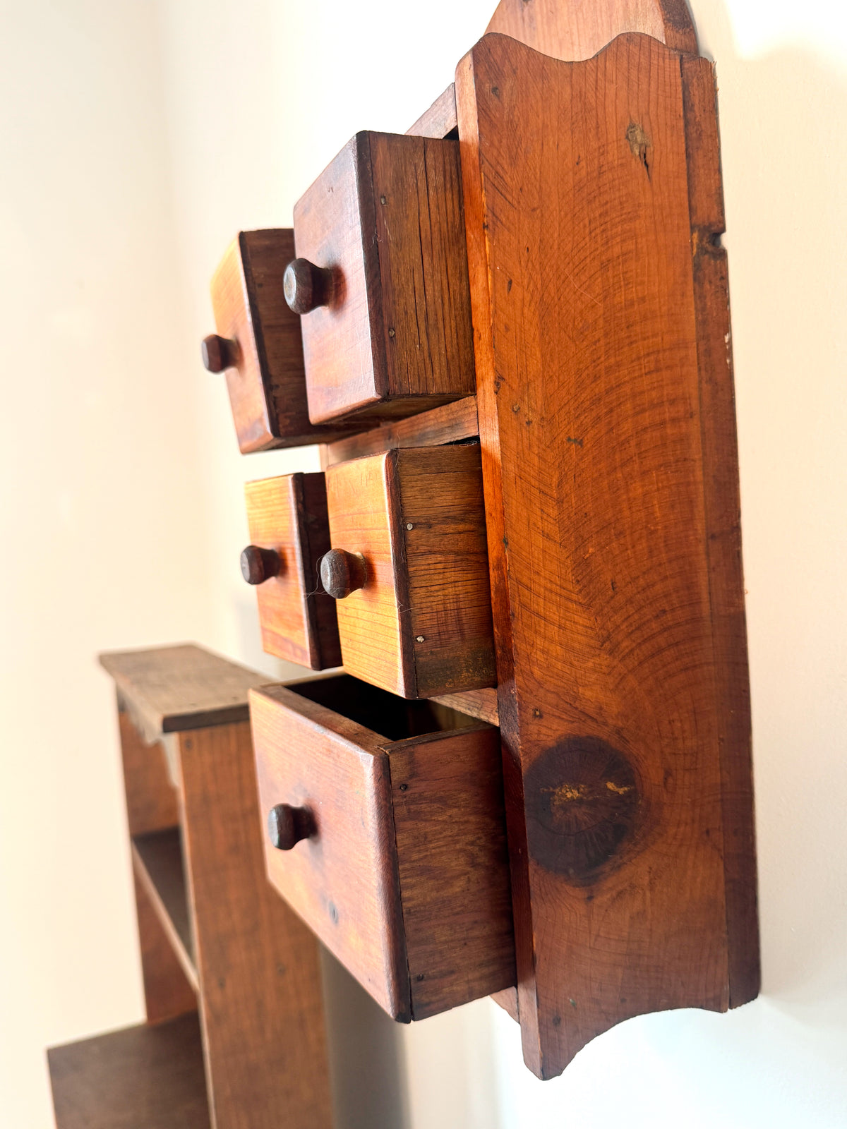 Vintage Handmade Pine Wall Spice Cabinet – 5 Drawer Apothecary