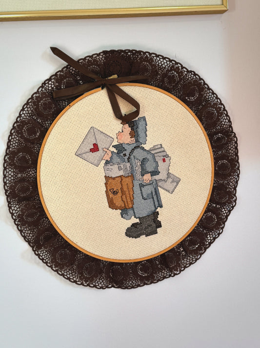 Vintage Cross Stitch Love Letter Wall Hanging with Lace Trim – Valentine’s Day Vintage Décor