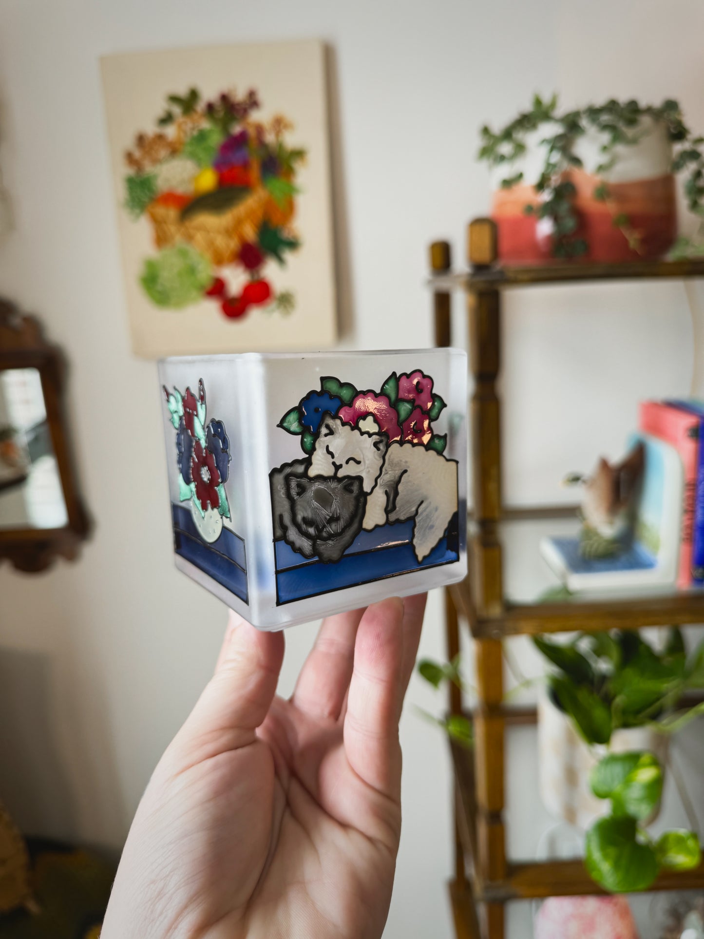 Vintage Frosted Glass Cat Votive Holder – Stained Glass Style Tea Light Cube