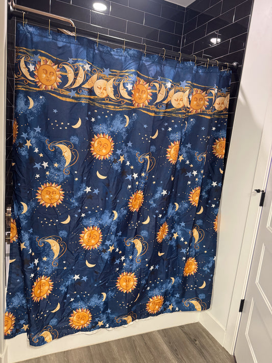 Vintage 90s Celestial Sun & Moon Shower Curtain – Y2K Astrology Bathroom Decor