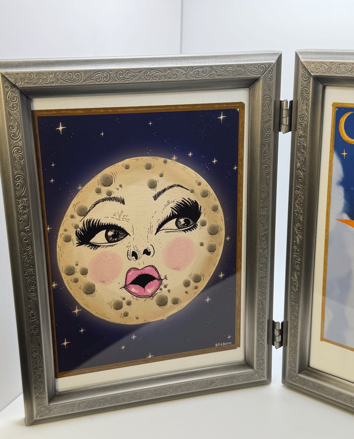 Vintage Hinged Double Frame with Sun & Moon Art Prints – Celestial Wall or Table/Shelf Display