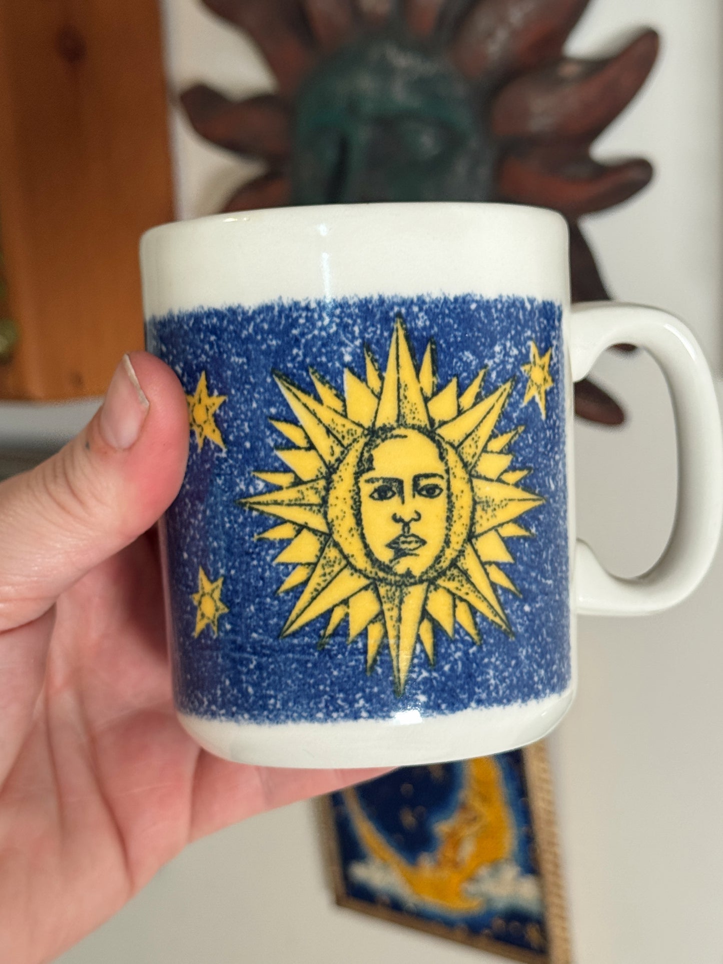 Vintage Celestial Sun Mug – Made in Britain – 90s Blue & Yellow