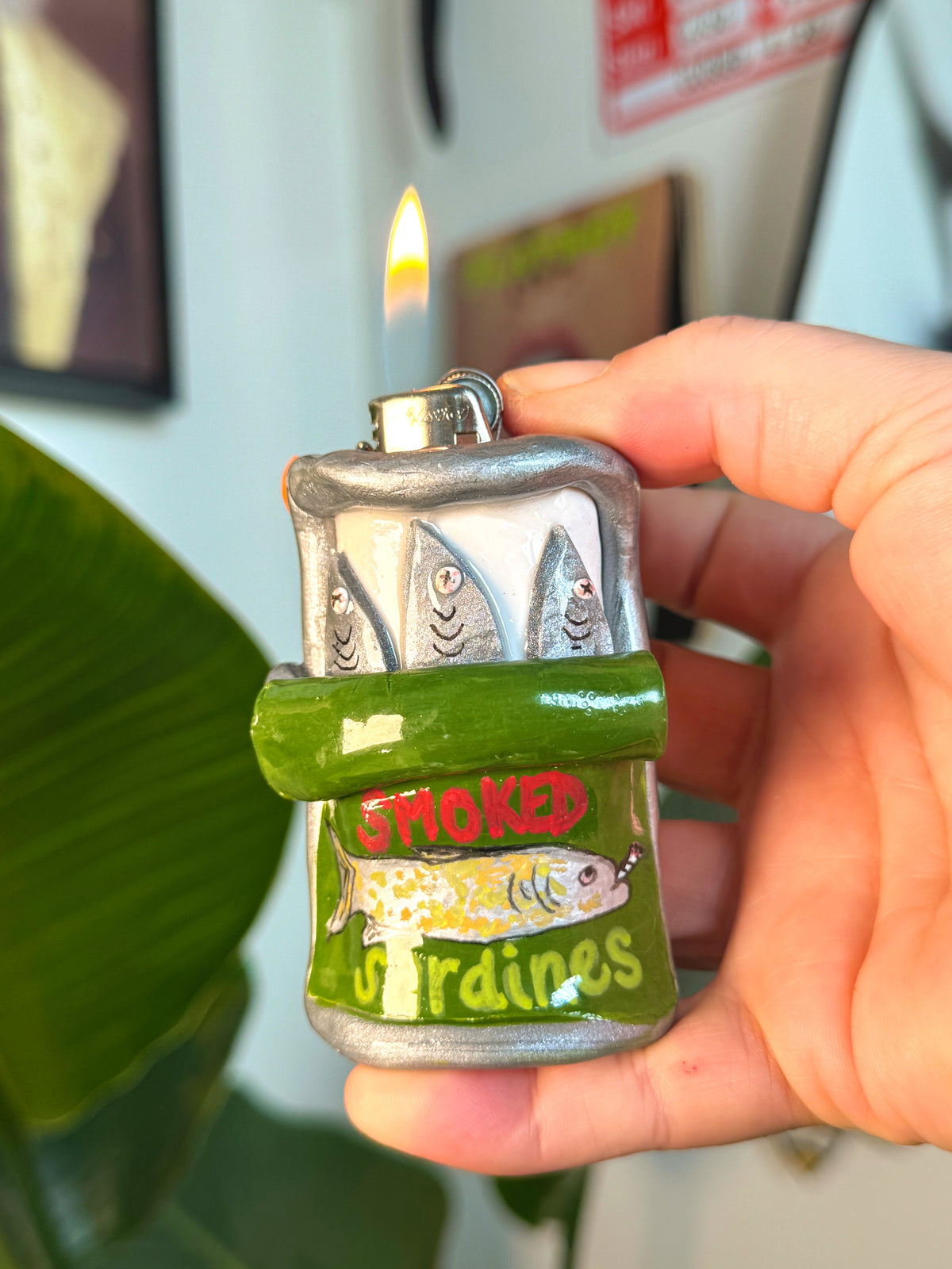 Smoked Sardines Tin Case with charm| Fits Standard Bic | Handmade Polymer Clay Art