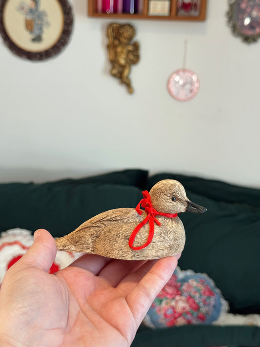 Vintage Wooden Duck Figurine with Red Ribbon Collar