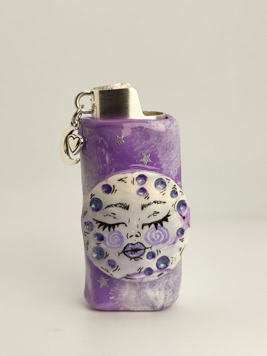Lavender Moon Lighter Case w/ Charm | Fits Standard Bic | Handmade Polymer Clay Art