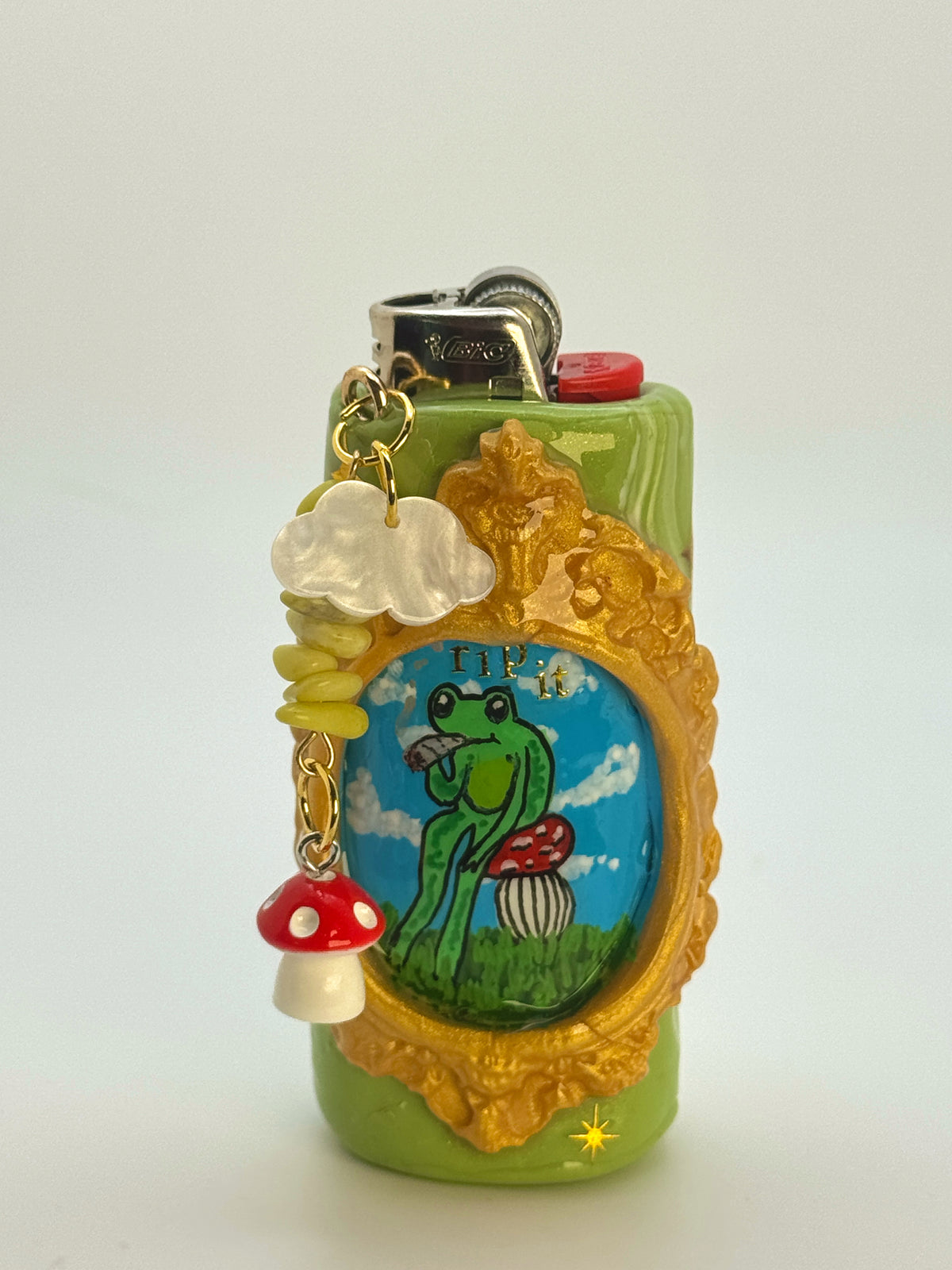 Vintage Frame Rip It Frog Case with charm| Fits Standard Bic | Handmade Polymer Clay Art