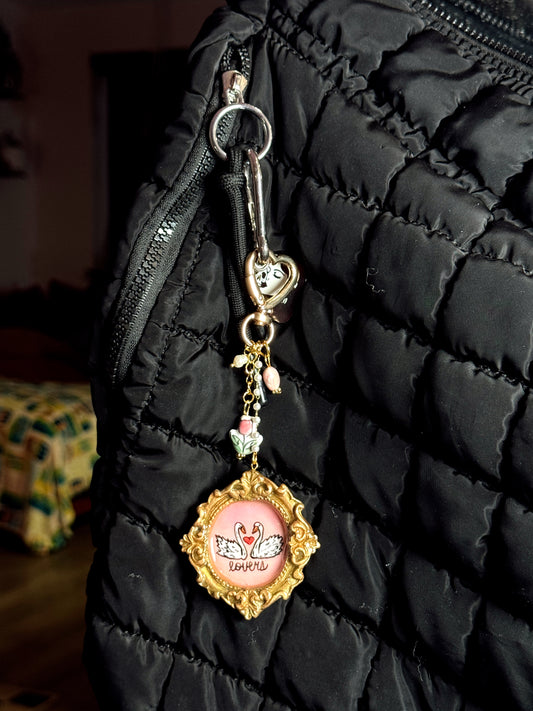 Vintage Heart Swan Bag Charm – Ornate Oval Frame Keychain with Handmade Details
