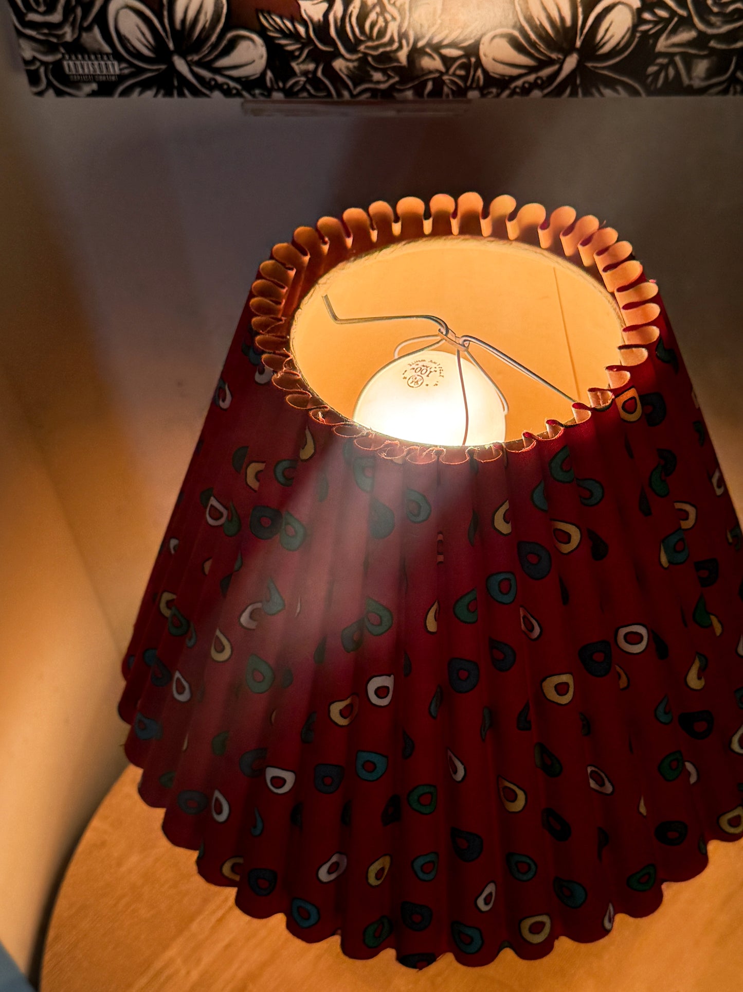 Vintage Ceramic Table Lamp with Signed Pleated Shade – Buttery Yellow + Red – 16.5”