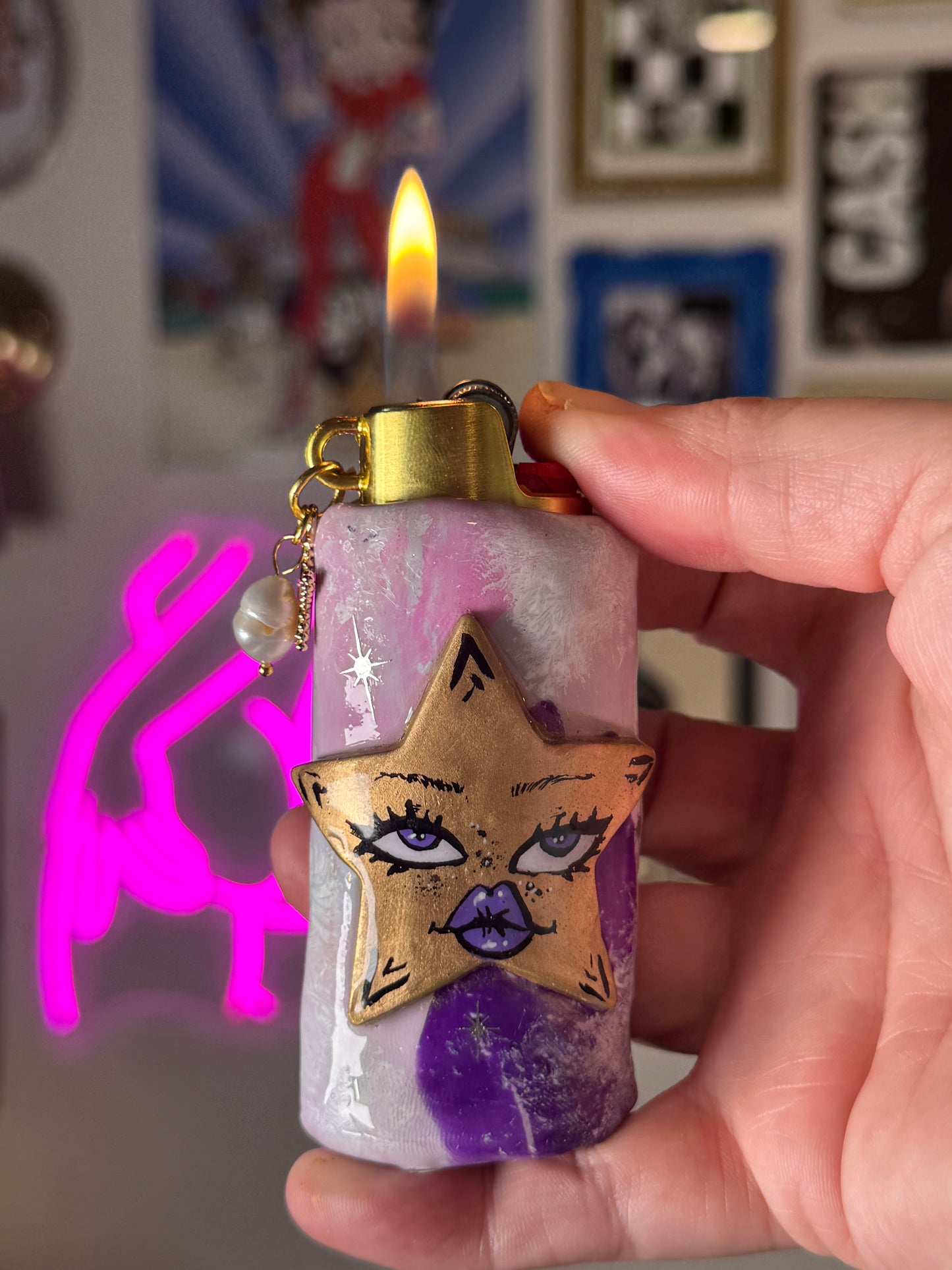 Gold Celestial Star Lighter Case w/ Charm | Fits Standard Bic | Handmade Polymer Clay Art