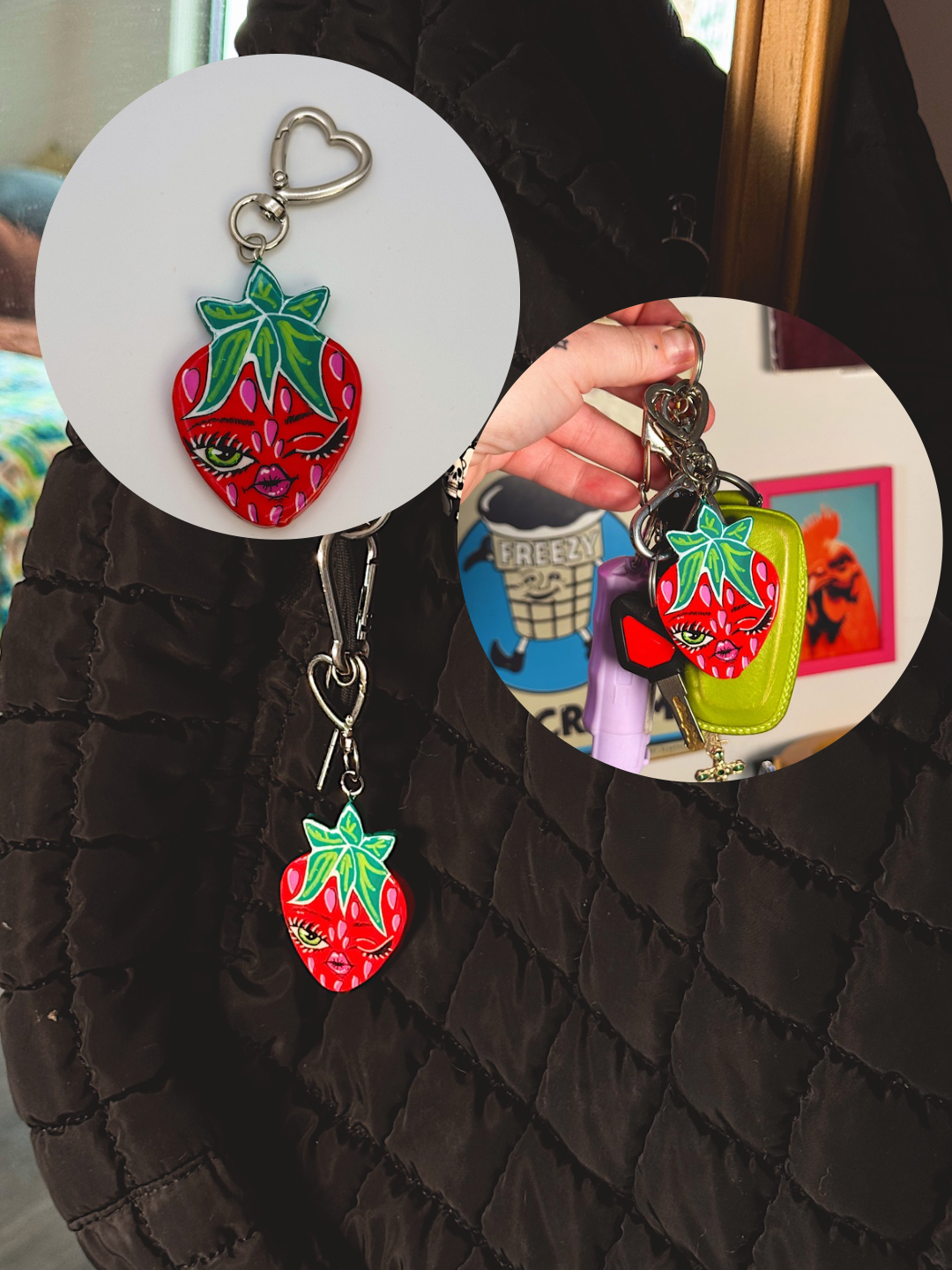 Winking Strawberry Bag Charm – Hand-Painted Strawberry Keychain with Heart Clip