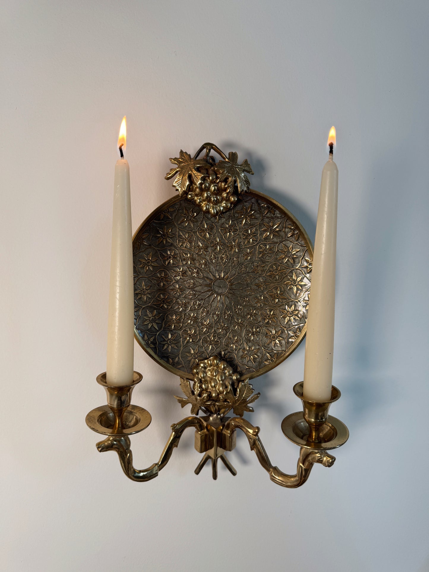 Vintage Solid Brass Wall Sconces Made in India– Grape & Vine Motif – Heavy – Set of 2