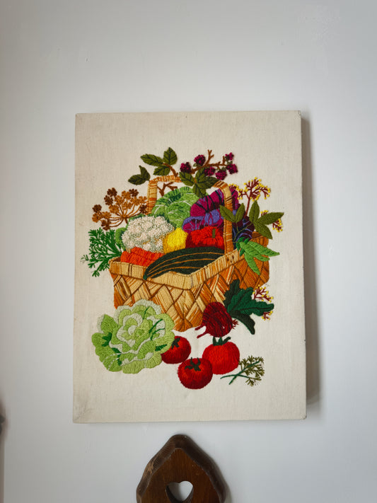 1980 Creative Circle Completed Crewel – "Vegetable Basket" Harvest Wall Art
