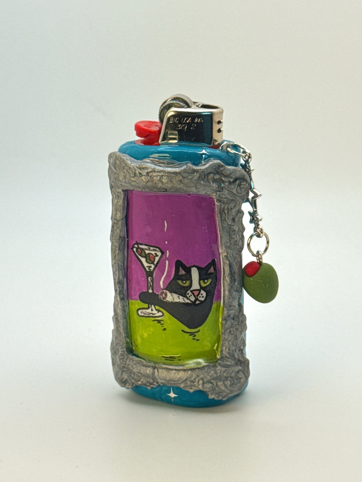 Vintage Frame Martini Kitty Case with charm| Fits Standard Bic | Handmade Polymer Clay Art