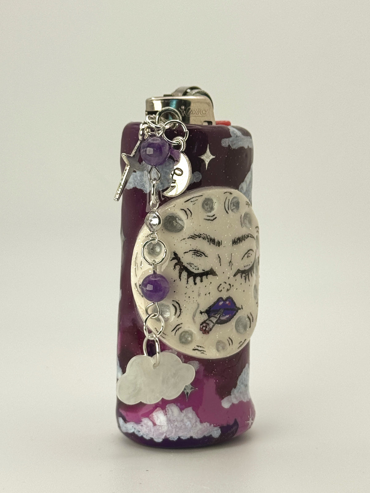 Purple Haze Moon Lighter Case with charm| Fits Standard Bic | Handmade Polymer Clay Art