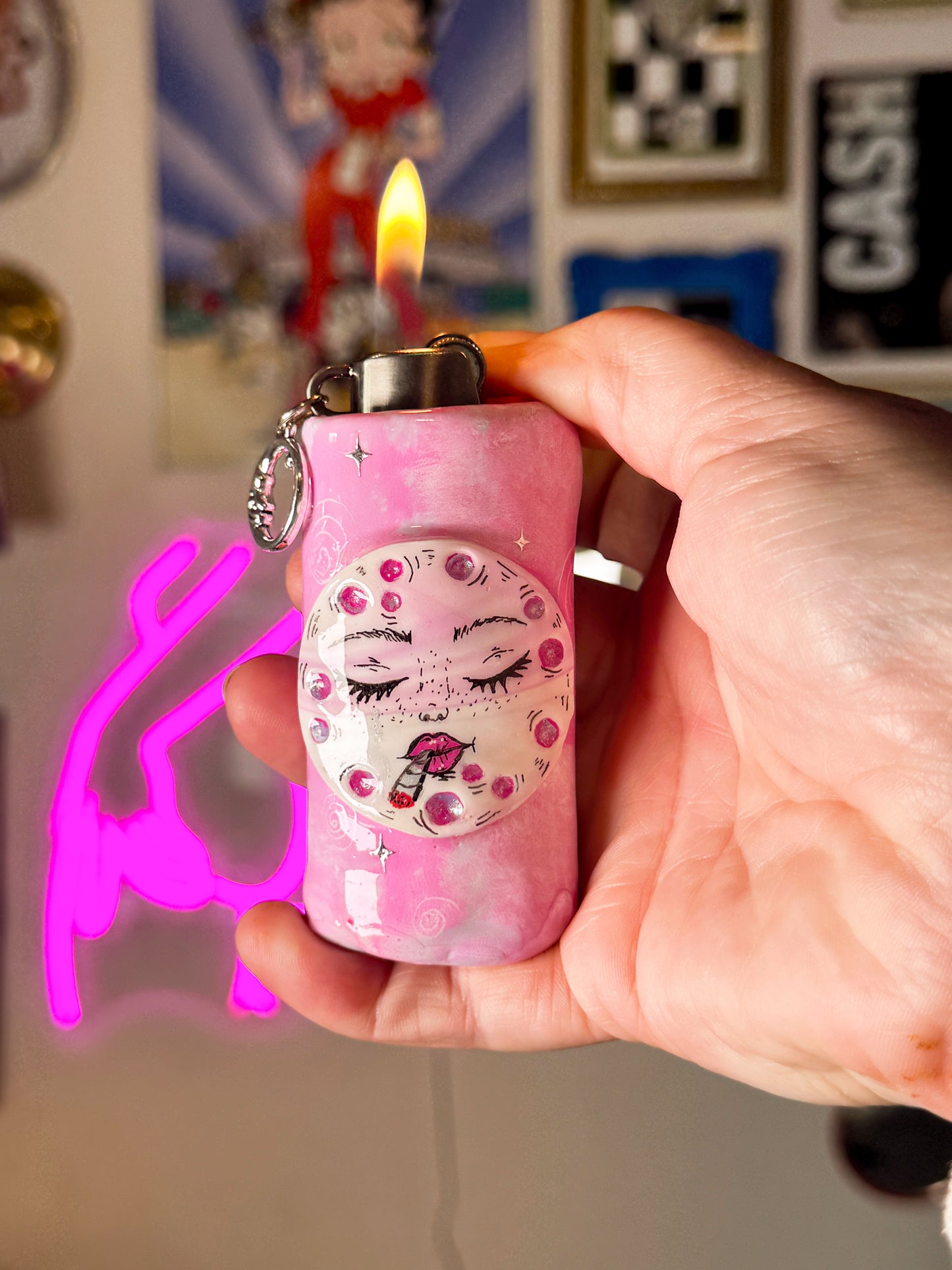 Smoking Moon Lighter Case w/ Charm | Fits Standard Bic | Handmade Polymer Clay Art