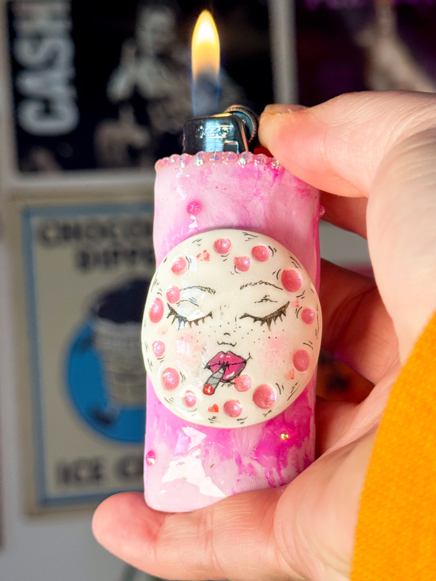 Smoking Pink Moon Lighter Case| Fits Standard Bic | Handmade Polymer Clay Art