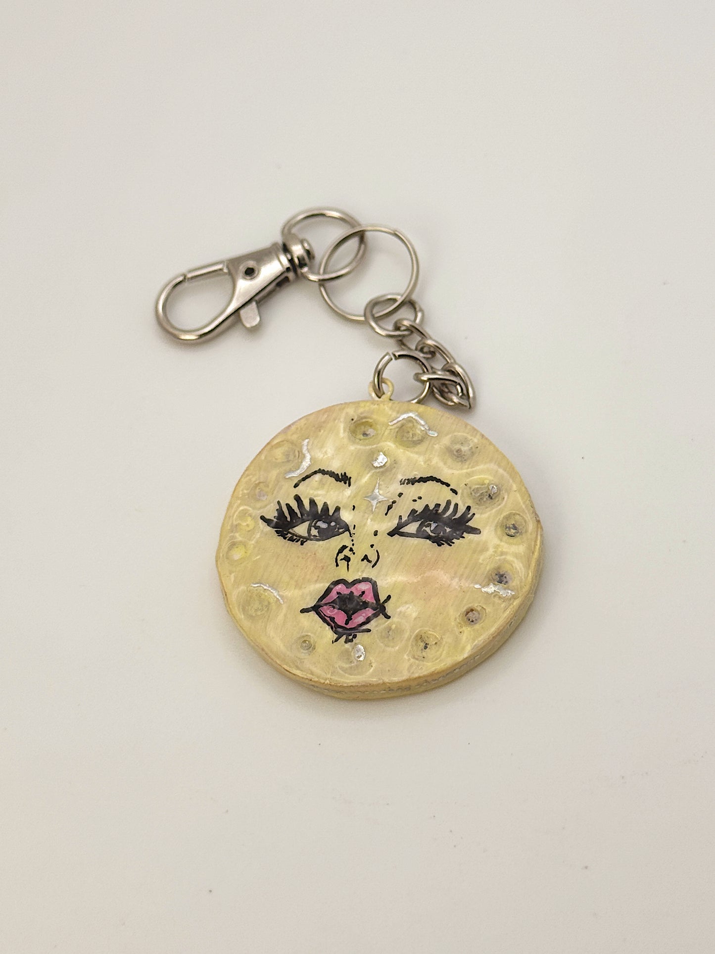 Handmade Light Moon Face Keychain – 1.5–2” – Polymer Clay Celestial Charm