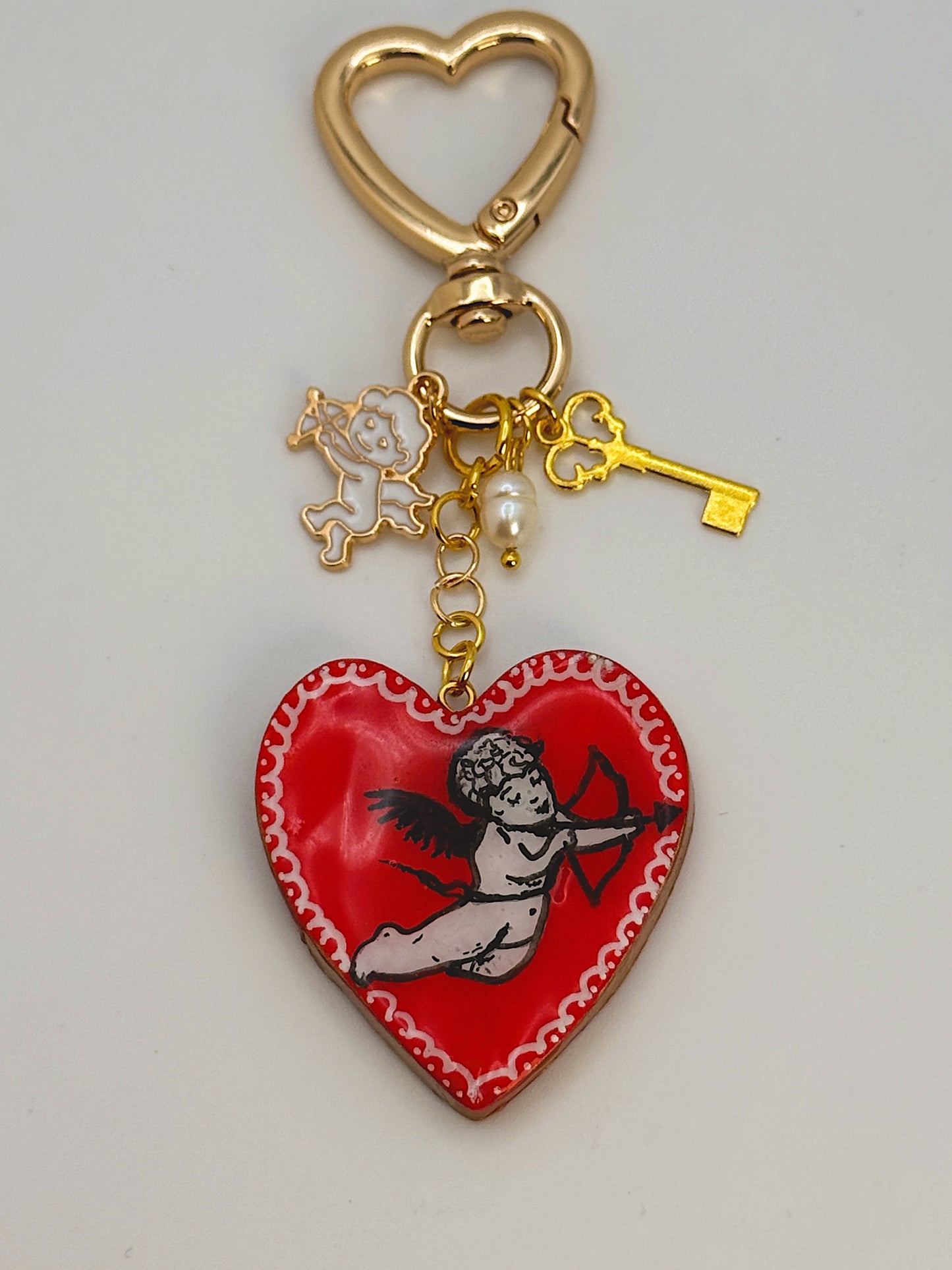 Cherub Heart Bag Charm – Handmade Cupid Keychain with Gold Heart Clip