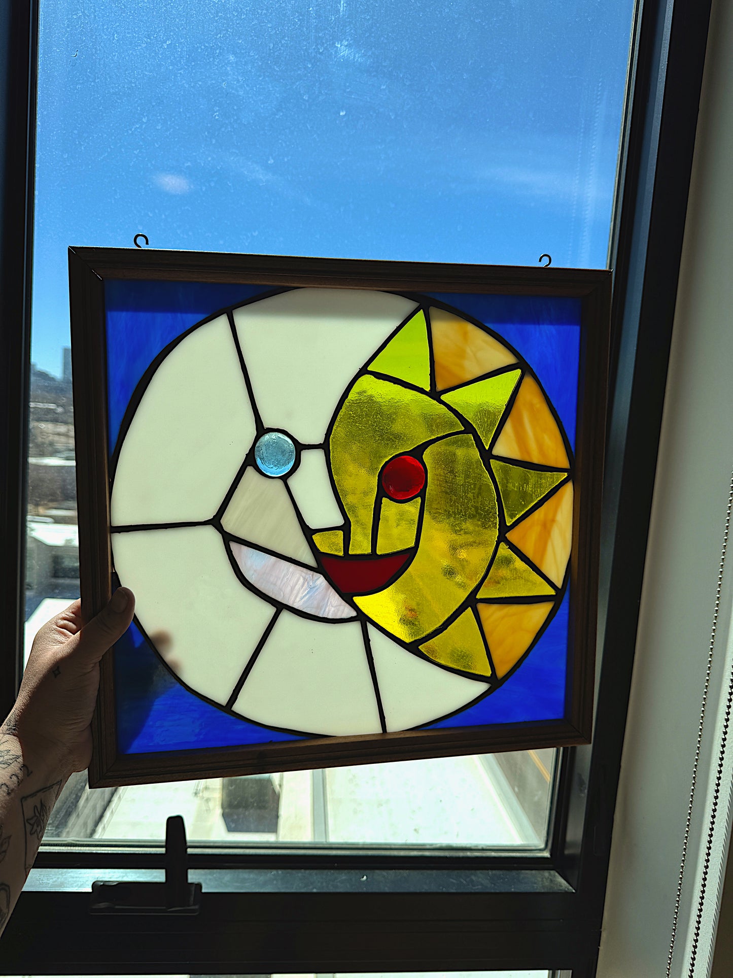 Vintage 15" Celestial Sun and Moon Stained Glass Window Panel - Heavy Leaded Glass