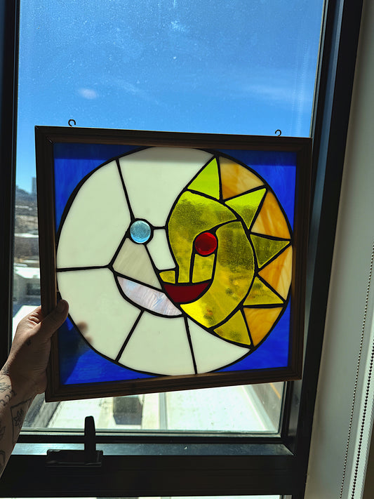 Vintage 15" Celestial Sun and Moon Stained Glass Window Panel - Heavy Leaded Glass