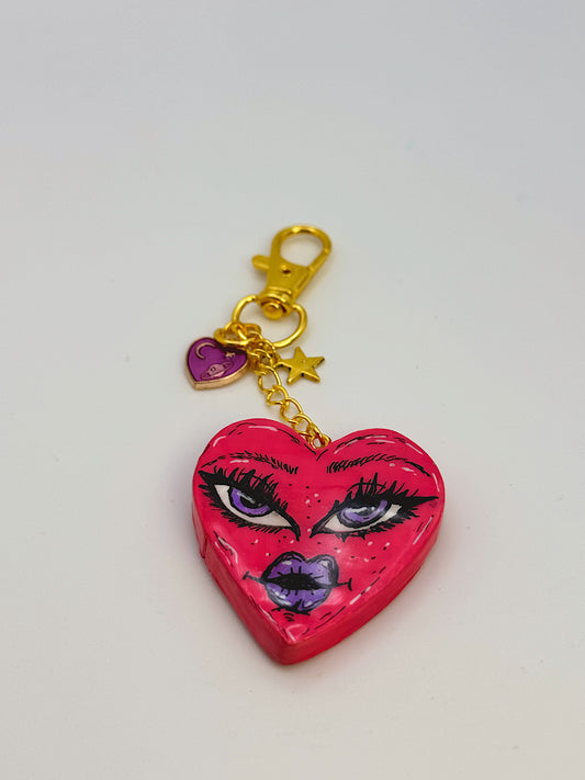 Heart Face Bag Charm – Hand-Painted Heart Keychain with Gold Charms