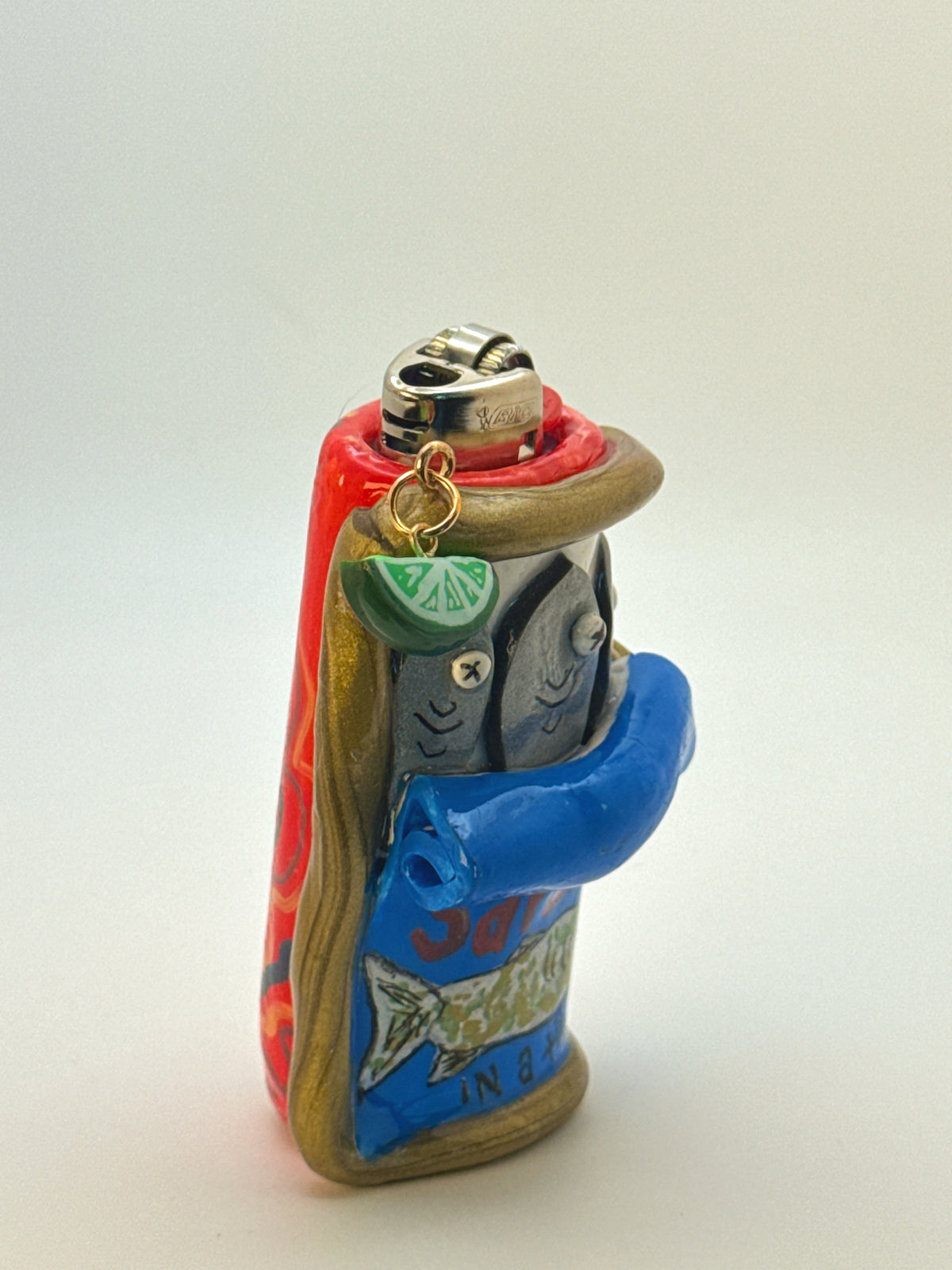 Sardines Tin Case with charm| Fits Standard Bic | Handmade Polymer Clay Art